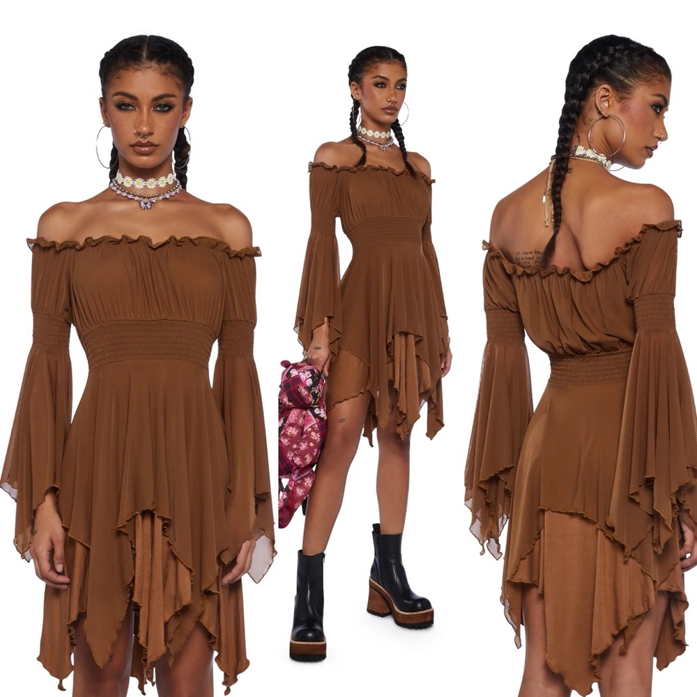 NWT Dolls Kill MUSICAL ODYSSEY MINI DRESS - BROWN CURRENT MOOD XS - Picture 10 of 15